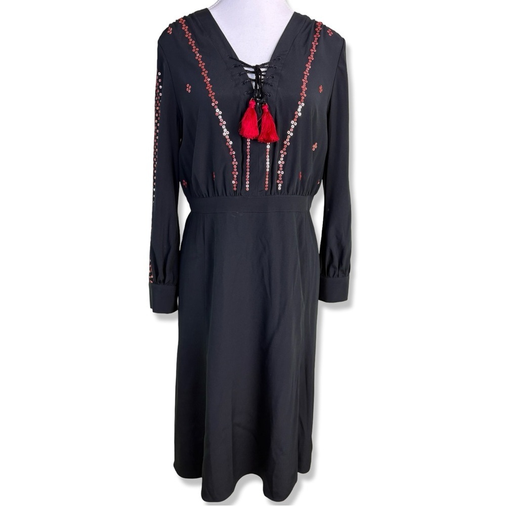 ALTUZARRA Black Midi Bohemian Sequin and Tassel Dress